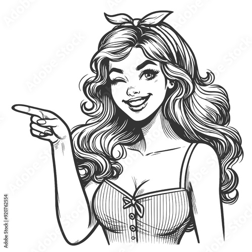 pin-up woman winking and pointing playfully, capturing a fun and flirty vibe sketch engraving generative ai fictional character vector illustration. Scratch board imitation. Black and white image.