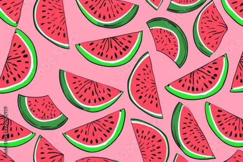 Seamless pattern with watermelon slices on a black background, flat vector illustration. For t-shirt prints and other uses.. Beautiful simple AI generated image in 4K, unique.