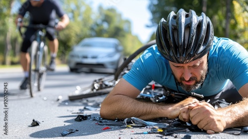 A cyclist dressed in blue lays on the ground amidst debris from a bike accident while another cyclist and a car approach in the background under sunny weather. photo