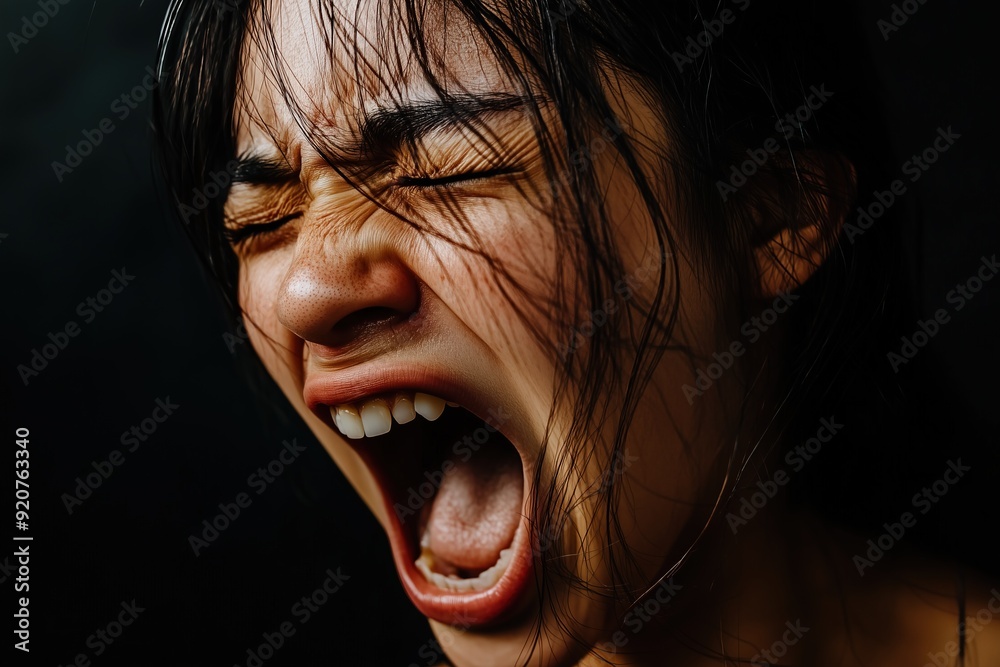 Close-up of a woman screaming in anger, intense emotion captured in dark lighting Close-up of a woman screaming in anger, intense emotion captured in dark lighting