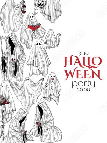 Vector Halloween invitation template in engraving style. Ghosts and deaths in hoods