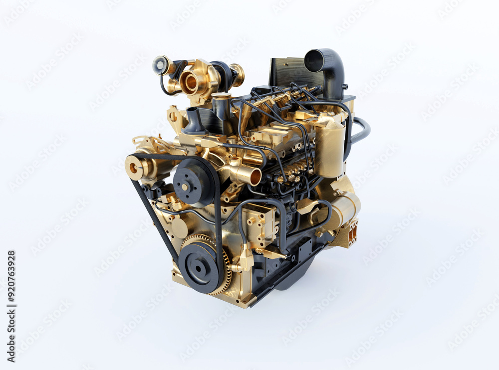 3d rendering illustration of a gold car engine with a turbocharger perspective on a white background with shadow 3d rendering illustration of a gold car engine with a turbocharger perspective on a white background with shadow