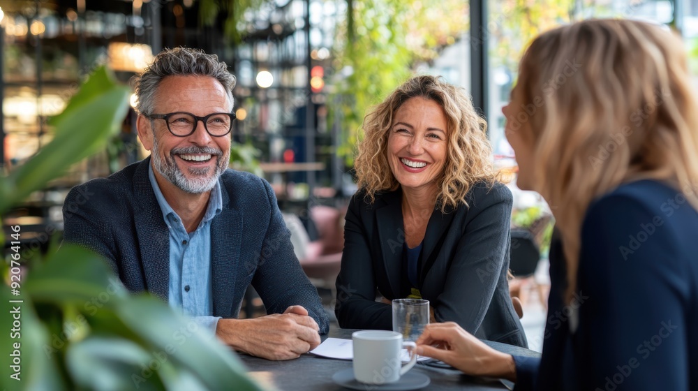 A business meeting is taking place between a man and two women in a stylish cafe, characterized by laughter and light-hearted conversation, suggesting a successful and friendly negotiation. A business meeting is taking place between a man and two women in a stylish cafe, characterized by laughter and light-hearted conversation, suggesting a successful and friendly negotiation.
