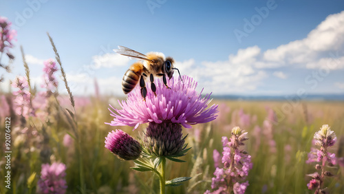 In a bright prairie environment, a honeybee perched on a prairie clover with pinkish-purple blossoms photo