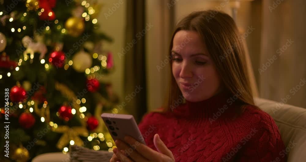 Woman Enjoying Smartphone Near Christmas Tree Woman Enjoying Smartphone Near Christmas Tree