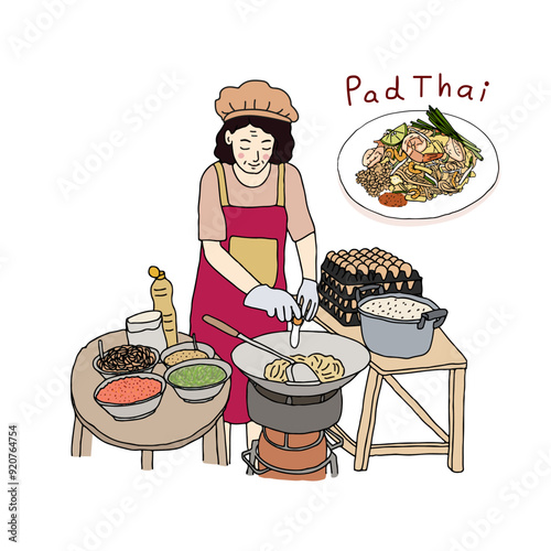 Chef cooking Pad Thai, Street food in Thailand. Hand drawn style vector illustration.