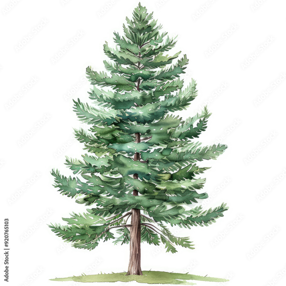 Fototapeta premium Bright Watercolor Clipart of a Tall Pine Tree with Rich Green Needles