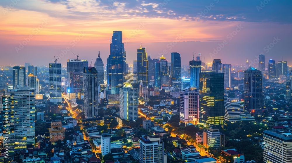 Obraz premium A captivating city skyline under the twilight sky, bathed in the soft hues of the setting sun, with the bright lights of the buildings starting to illuminate the bustling urban landscape.