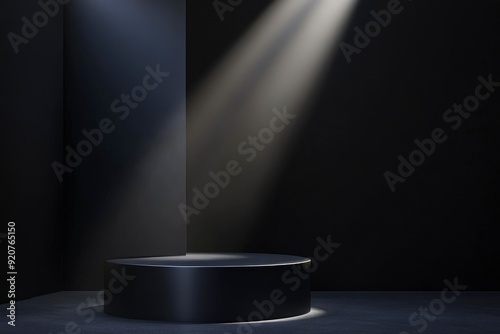 Fototapeta Naklejka Na Ścianę i Meble -  Dark matte pedestal, podium, stand and light. Exhibition space for branded products, goods. Glow decor for Luxury royal ads design. 3d render illustration. with generative ai