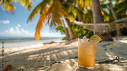 A vibrant tropical cocktail placed on a sandy beach with palm trees and a nearby hammock, offers a picturesque scene of a relaxing tropical vacation spot.