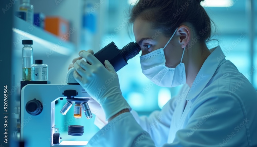  Focused scientist examining samples under microscope
