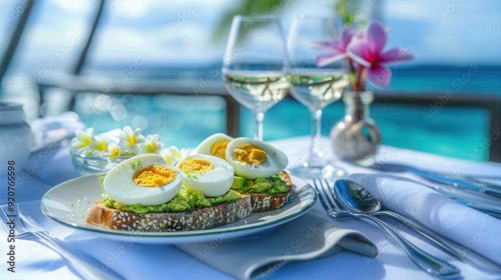 Luxury meal on table with sea Luxury meal on table with sea