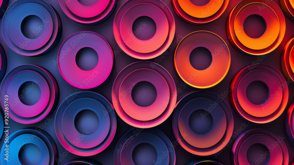 Three-dimensional rendering of a modern pattern made of colorful gradient circles Three-dimensional rendering of a modern pattern made of colorful gradient circles