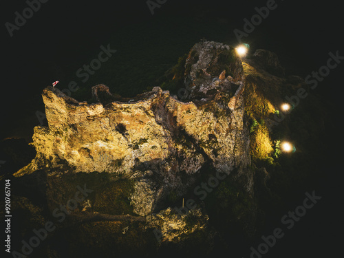 Aerial top view illuminated at night Agarani or Kojori, Azeuli, Kor Ogli Fortress. Georgian feudal fortress near Tbilisi visit destination by Kojori village in Kvemo Kartli region photo