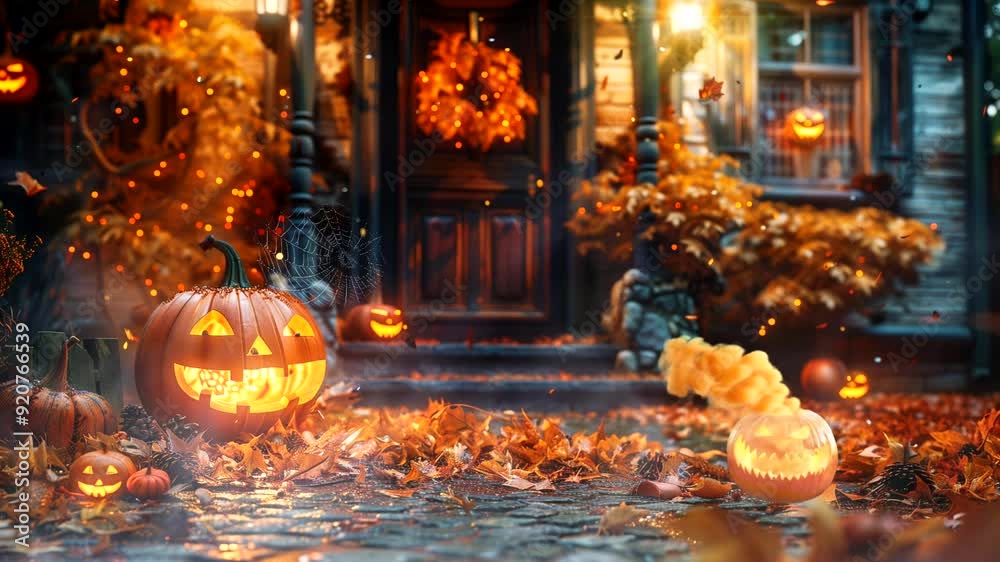 House decorated with halloween harvest festival attributes with autumn leaves House decorated with halloween harvest festival attributes with autumn leaves