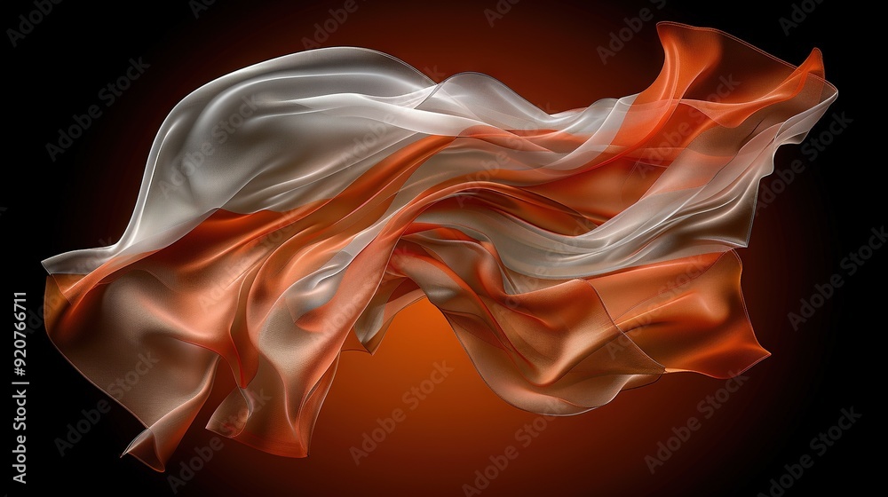 Red, white, and orange fabric blowing on black background with red spot in middle Red, white, and orange fabric blowing on black background with red spot in middle