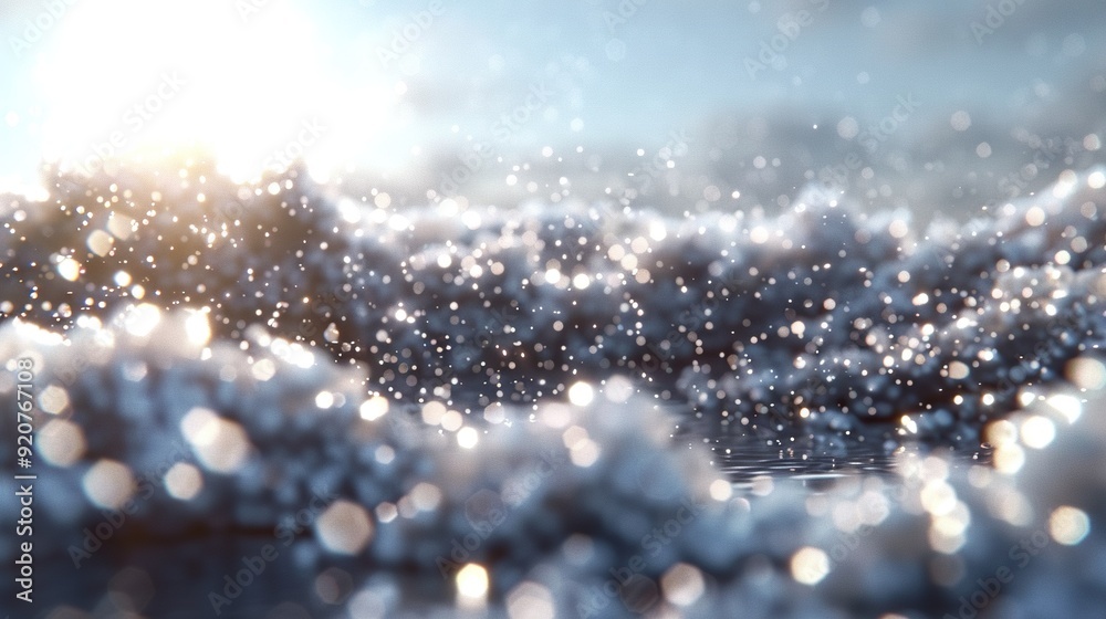 Sun shining brightly over calm water with tiny water bubbles in foreground Sun shining brightly over calm water with tiny water bubbles in foreground