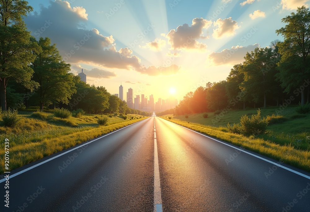 Fototapeta premium Realistic Summer Cityscape Captured from a Low Angle with Asphalt Road in Focus