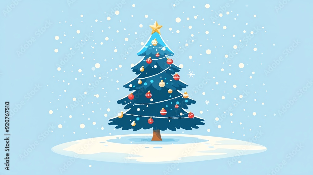 A decorated Christmas tree with falling snow on a blue background.
