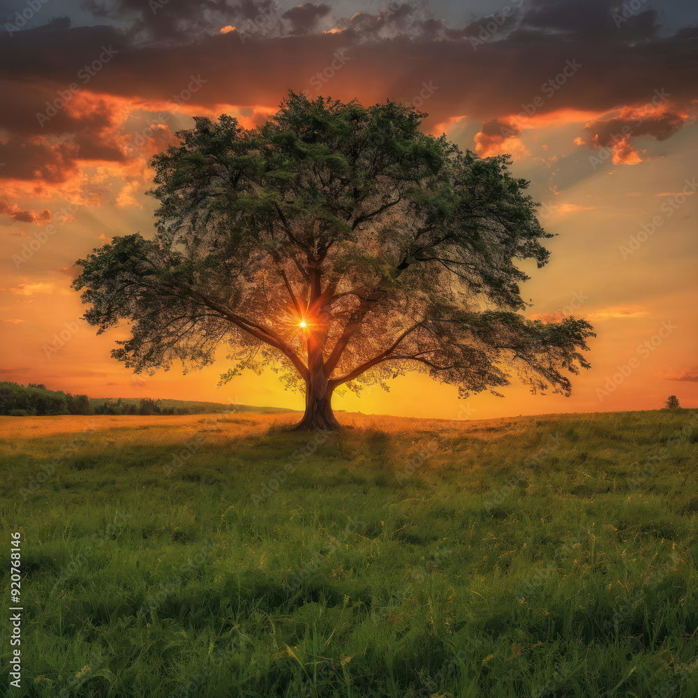 Big Tree Stands on the Meadow. Sunset Lighting. Beautiful Summer Evening Illustration. Big Tree Stands on the Meadow. Sunset Lighting. Beautiful Summer Evening Illustration.