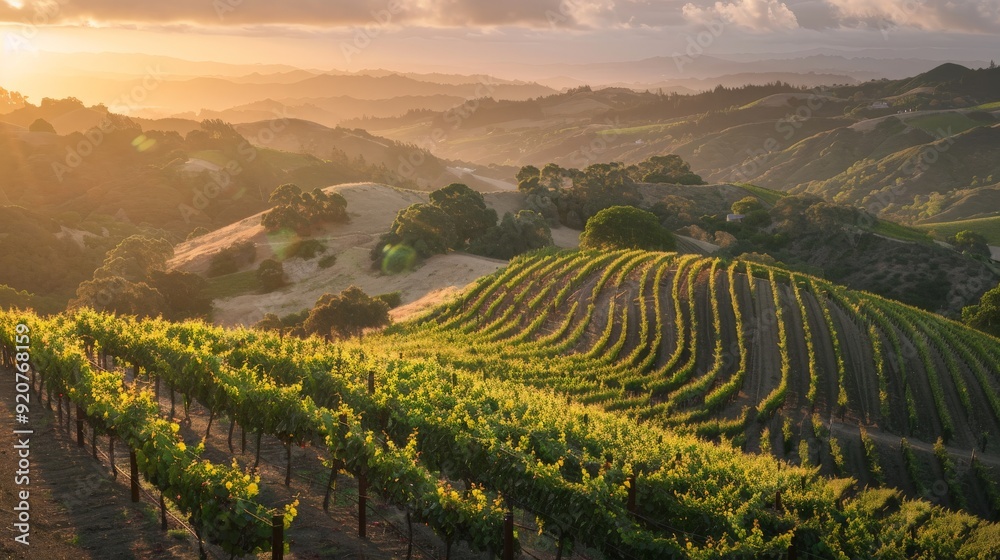 A view of vineyard hills lit beautifully by the setting sun, displaying well-organized rows of grapevines and the tranquility of an evening in nature. A view of vineyard hills lit beautifully by the setting sun, displaying well-organized rows of grapevines and the tranquility of an evening in nature.