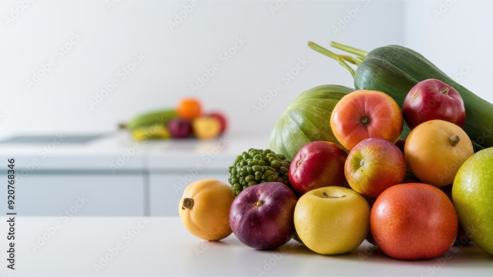 A pile of fruits and vegetables on a white table, AI A pile of fruits and vegetables on a white table, AI