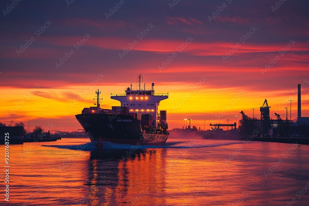A cargo ship sailing forward into a harbor, with a colorful and dramatic sunset sky in the background, illuminated by the lights of the port town as it approaches. A cargo ship sailing forward into a harbor, with a colorful and dramatic sunset sky in the background, illuminated by the lights of the port town as it approaches.