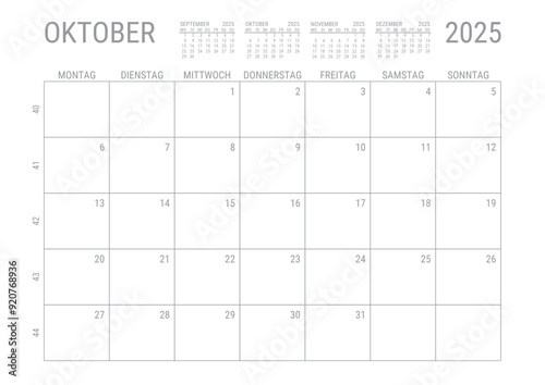 Monat Kalender Oktober 2025 Monatskalender Kalenderblatt Kalendarium mit Kalenderwoche Planer DIN A4 Deutsch