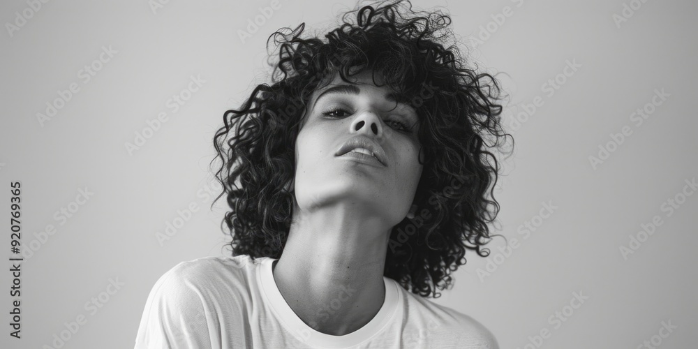 Obraz premium A close-up portrait of a musician with expressive hair and eyes, evoking emotion and creativity.