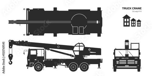 Truck crane silhouette. Building machine blueprint. Side, top and front views. Industrial equipment drawing. Isolated loader car in line style. Black template