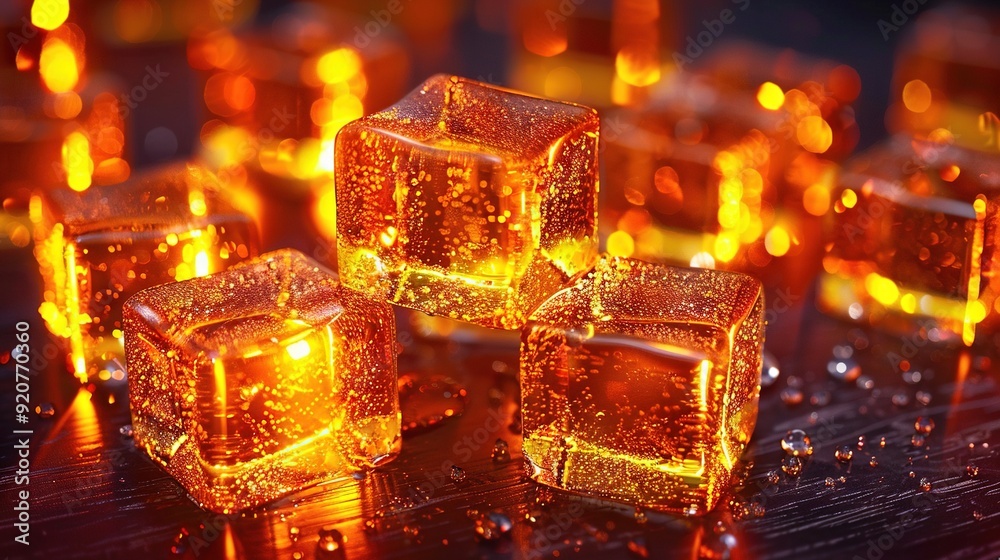 A cluster of ice blocks resting atop a golden-flecked table A cluster of ice blocks resting atop a golden-flecked table