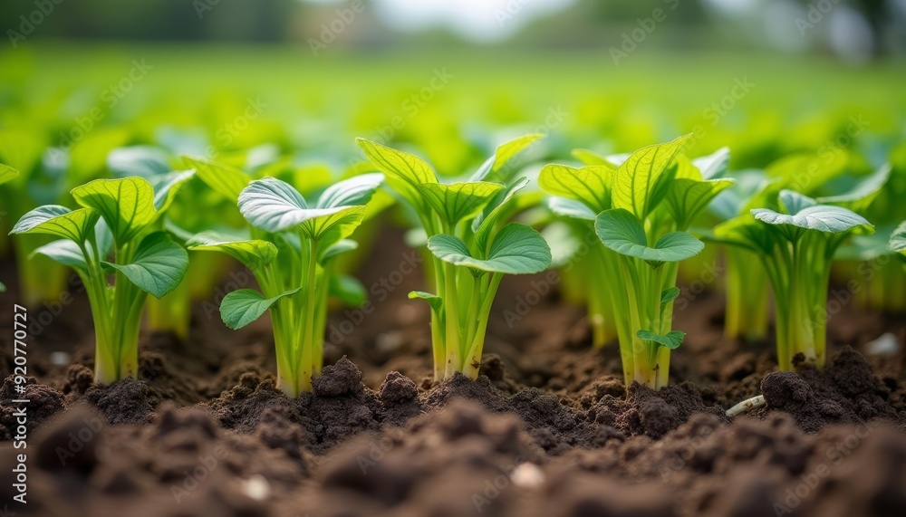 Vibrant green seedlings sprouting in a field Vibrant green seedlings sprouting in a field