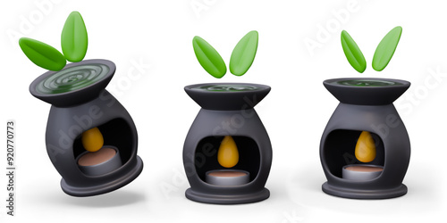 Ceramic aroma lamp with lighted candle and scented oil. Natural ingredient for relaxation