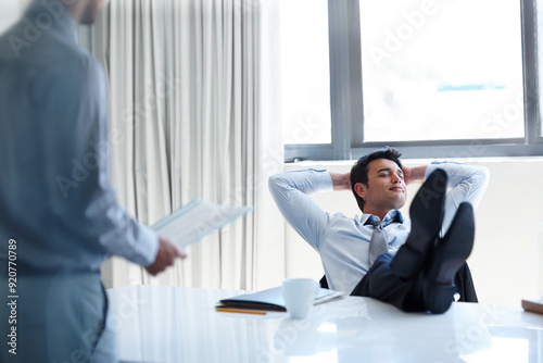 Lazy, businessman and relax with rest in office for meeting, negligence and lack of productivity. Law firm, attorney and feet on desk with malpractice for legal case, disinterest and poor work ethic
