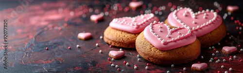 Cookies with pink icing and hearts on them, Food background, Love background, Banner, Copy space
