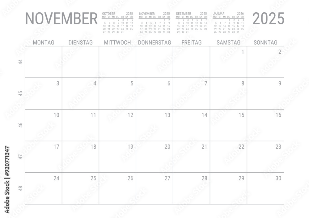 Monat Kalender November 2025 Monatskalender Kalenderblatt Kalendarium mit Kalenderwoche Planer DIN A4 Deutsch	