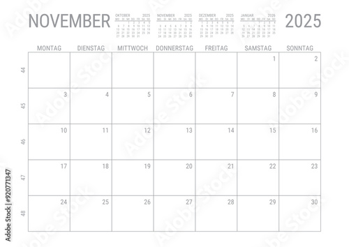 Monat Kalender November 2025 Monatskalender Kalenderblatt Kalendarium mit Kalenderwoche Planer DIN A4 Deutsch	