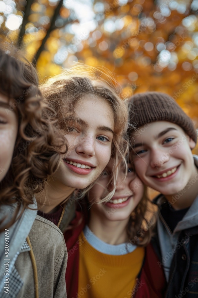 Four smiling teenagers posing together outdoors under fall foliage. Four smiling teenagers posing together outdoors under fall foliage.