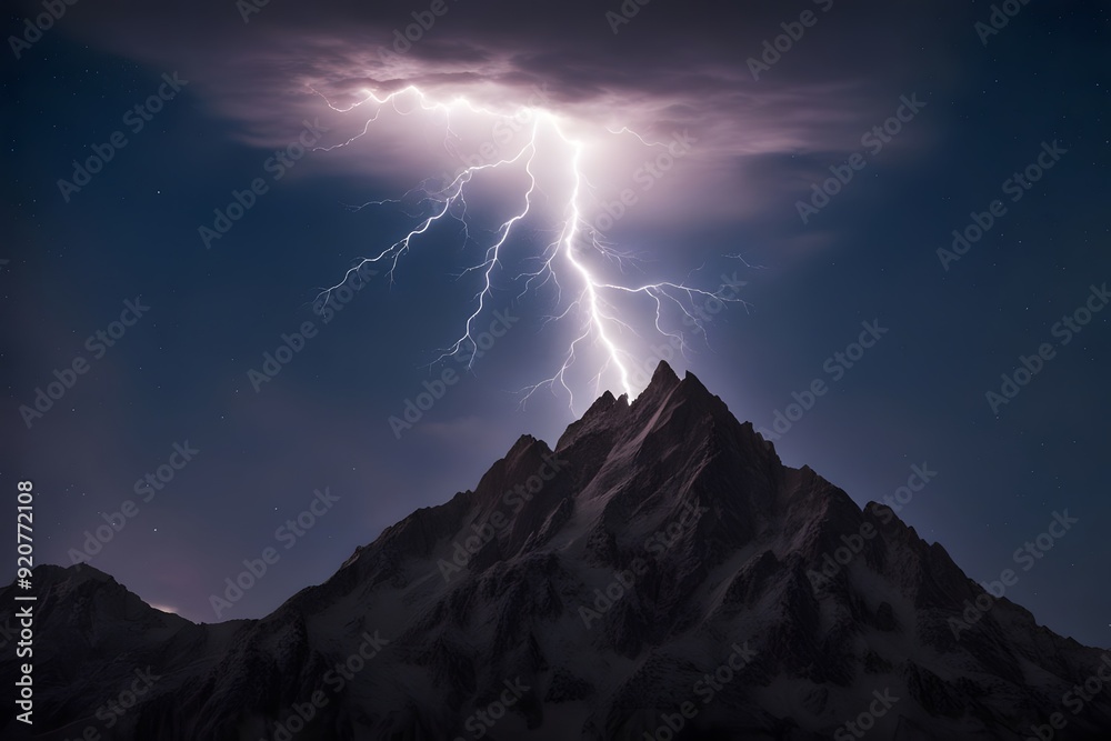 A single lightning bolt striking a tall mountain peak under a starry sky, AI Generated A single lightning bolt striking a tall mountain peak under a starry sky, AI Generated