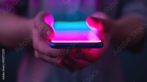 Futuristic adaptive technology concept showcasing user friendly mobile devices held in human hands with vibrant colorful lighting effects