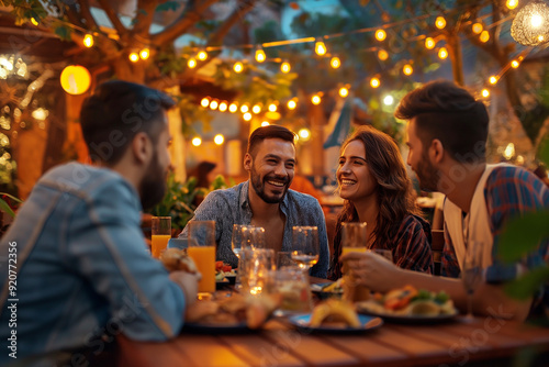 Group of friends enjoy having dinner at outdoors restaurant. Meeting, party, celebrate concept