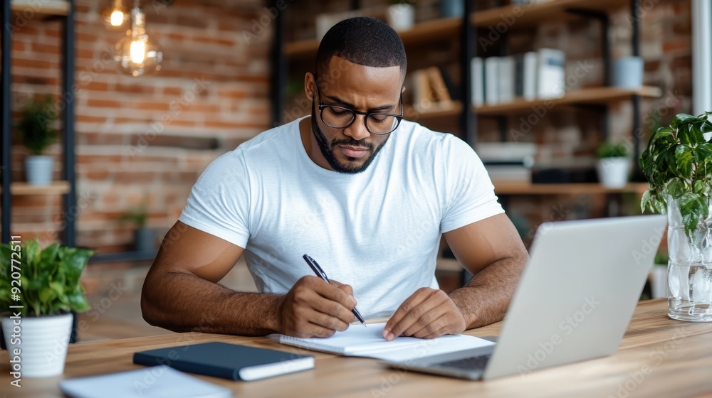 A focused man in a white shirt writes in a notebook at a wooden desk surrounded by books and plants, illustrating a moment of concentration and productivity. A focused man in a white shirt writes in a notebook at a wooden desk surrounded by books and plants, illustrating a moment of concentration and productivity.