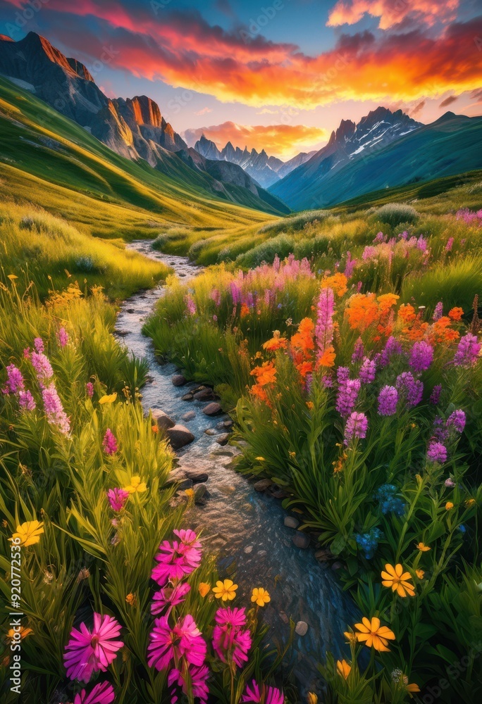 Fototapeta premium vibrant colorful landscapes highlighting adventure exploration beauty, scenery, colors, nature, mountains, valleys, forests, rivers, lakes, skies, clouds