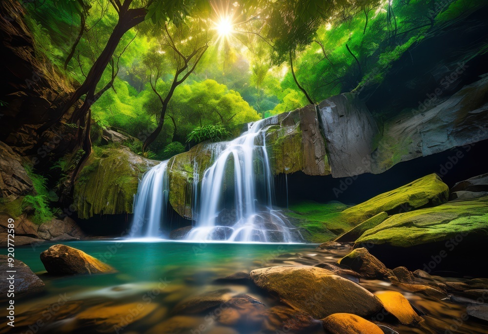 Obraz premium vibrant landscapes featuring hidden natural wonders lush majestic sparkling colorful flora, nature, scenery, beauty, greenery, mountain, waterfall