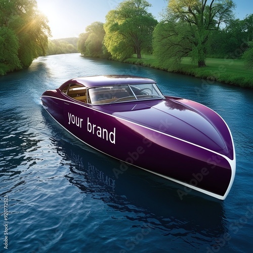 Luxury motorboat in the river at sunset. 3d rendering