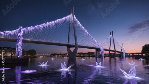 Cable-stayed bridge in Riga at night, Latvia