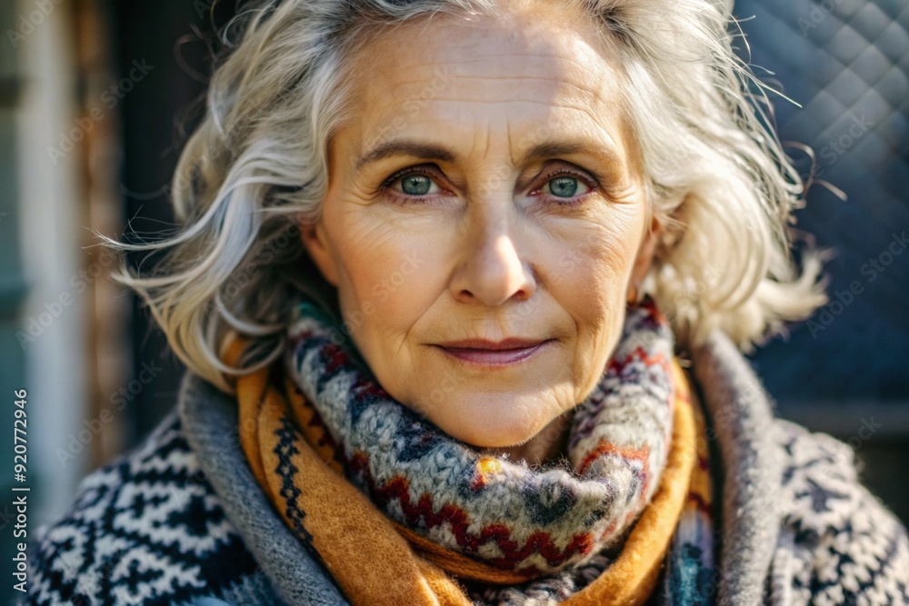 Minimalism. Autumn portrait of a beautiful elderly woman, a pensioner of 70 years old. She is wearing a scarf with an ethnic pattern and a warm sweater. The concept of the life of the elderly. Minimalism. Autumn portrait of a beautiful elderly woman, a pensioner of 70 years old. She is wearing a scarf with an ethnic pattern and a warm sweater. The concept of the life of the elderly.
