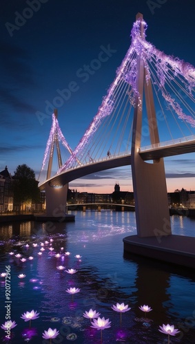 Night view of the bridge over the river with a lotus in the foreground