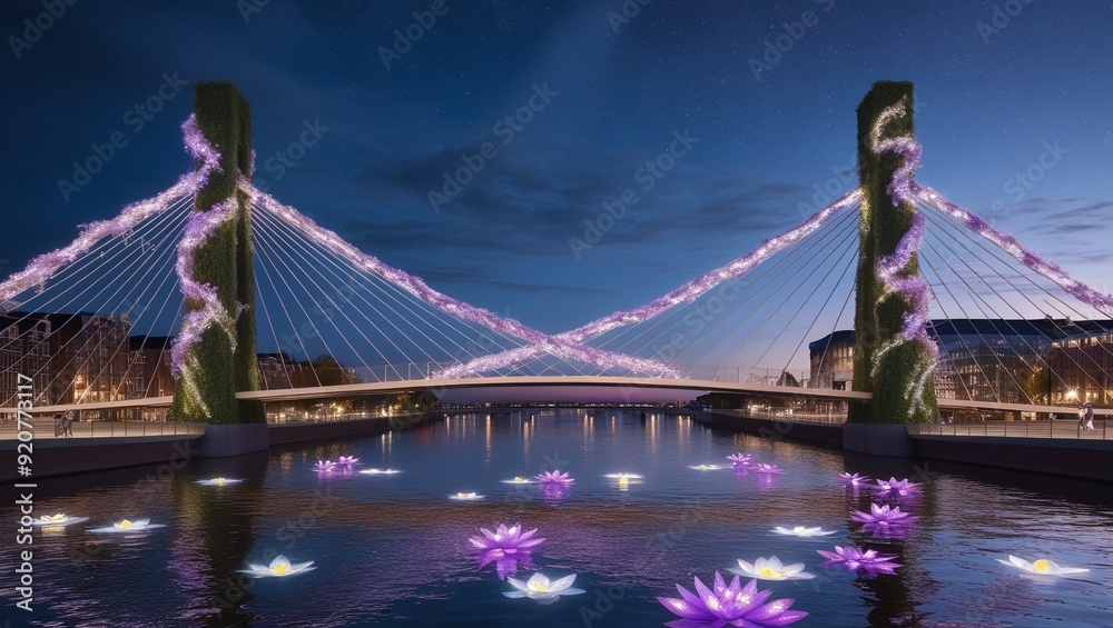 Obraz premium Night view of the bridge over the river with a lotus in the foreground