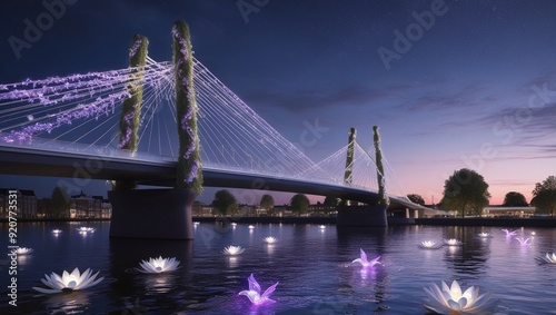 Night view of the bridge over the river with a lotus in the foreground